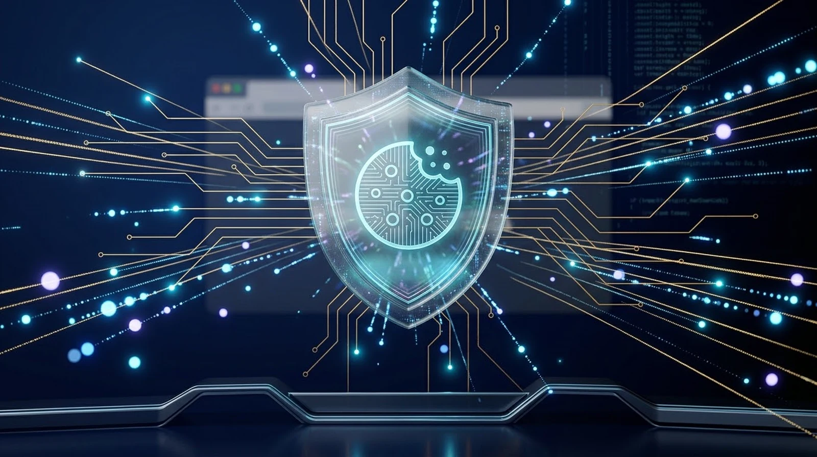 Scudo digitale con icona di cookie al centro e circuiti luminosi: banner e cookie policy a norma per PMI e studi professionali