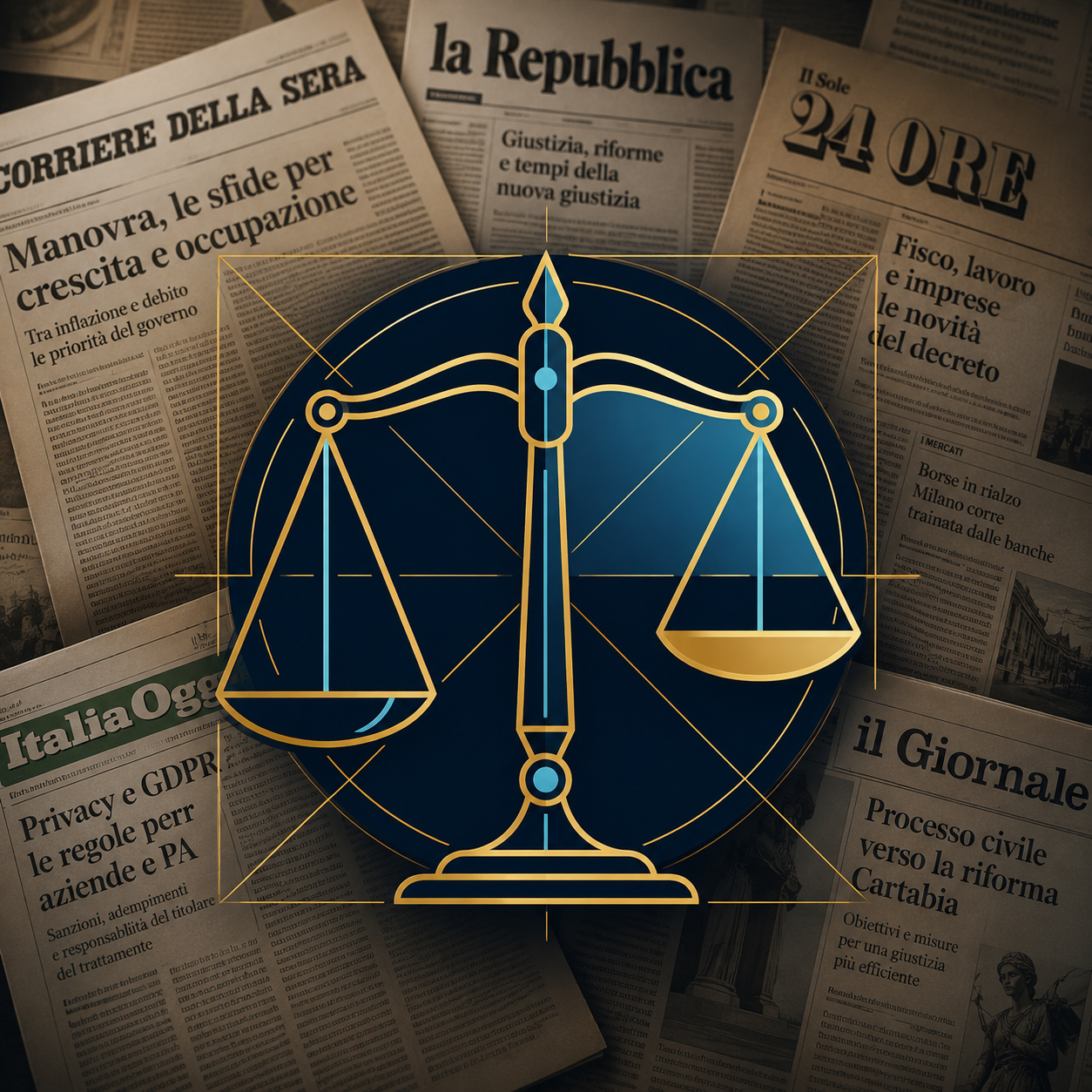 Bilancia della giustizia stilizzata su sfondo di prime pagine di quotidiani italiani, a rappresentare la novità legislativa sull'art. 144-ter del Codice Privacy