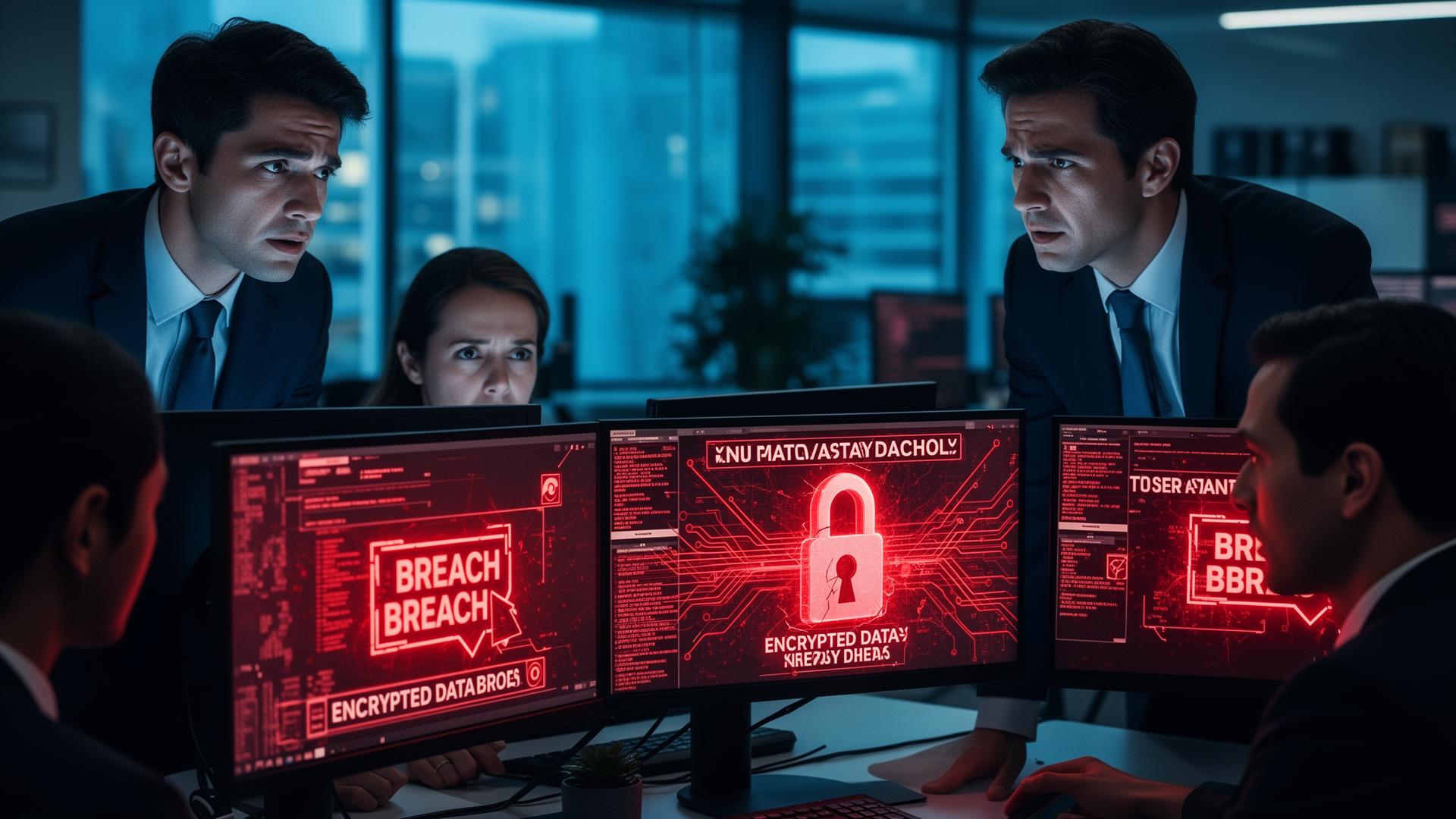 Team aziendale gestisce un data breach in corso, con allarmi di sicurezza sugli schermi e lucchetto digitale compromesso