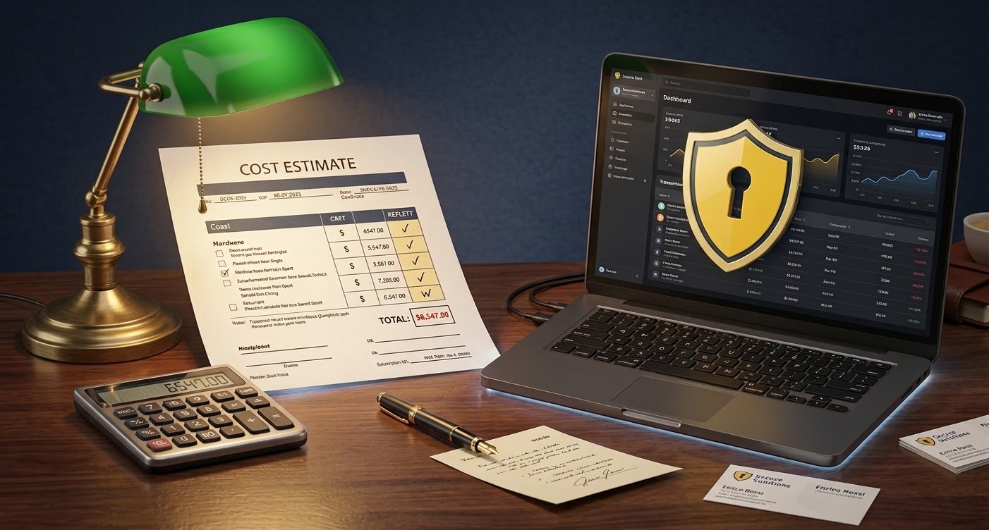 Scrivania di un consulente privacy con preventivo stampato, calcolatrice e laptop con icona di scudo: quanto costa una consulenza GDPR